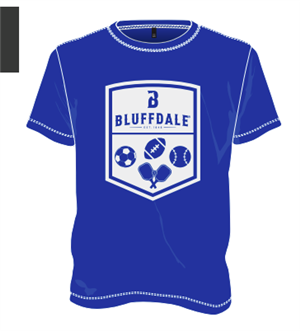 Blue and white reversible jersey with a shield-style logo that says Bluffdale and has 3 balls and a pickleball paddle 